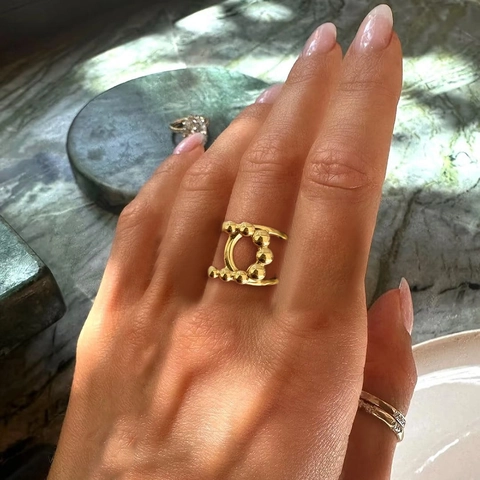Adjustable Stainless Steel Open Ring Bead Geometric Waterproof Retro Korean Style Fashion Jewelry For Women