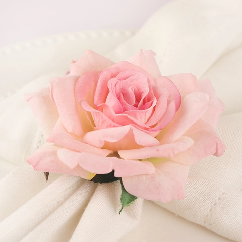 Handmade Pink Rose Flower Napkin Ring Cloth Floral Metal Buckle For Wedding Party Hotel Table Decoration Elegant Dining Accessory