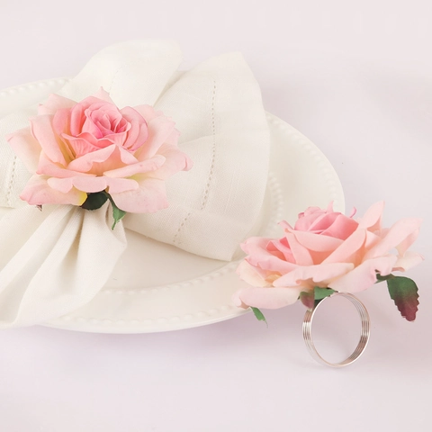 Handmade Pink Rose Flower Napkin Ring Cloth Floral Metal Buckle For Wedding Party Hotel Table Decoration Elegant Dining Accessory