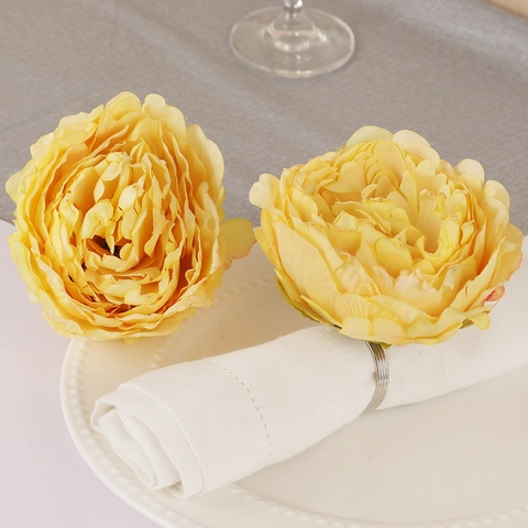Servilletero De Peonía Amarilla Artificial Flor Tela Satén Soporte Hebilla Metal Para Decoración Mesa Boda Hotel