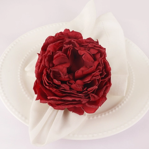 Burgunderrot Künstliche Pfingstrose Serviettenringe Elegant Stoff Satinnblume Schnalle Für Hochzeit Bankett Dekoration