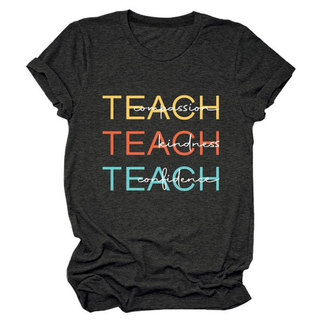 Damen Slogan T-Shirt Baumwollmischung Rundhalsausschnitt Kurzarm Teach Compassion Kindness Confidence Grafik Locker Top