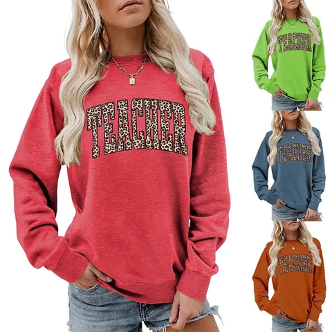 Women Round Neck Sweatshirt Cotton Long Sleeve Teacher Leopard Print Casual Pullover Top