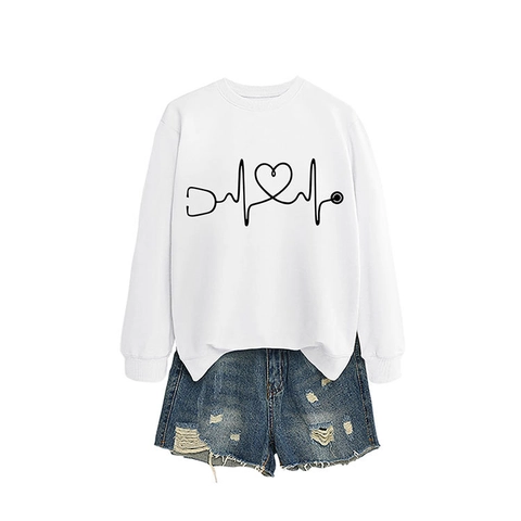 Damen Casual Stethoskop Herz EKG Druck Rundhals Sweatshirt Langarm Lockerer Pullover Mode Herbst Winter Top Streetwear