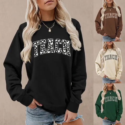 Damen Baumwolle Sweatshirt Teach Buchstabe Herz Druck Rundhalsausschnitt Langarm Casual Pullover