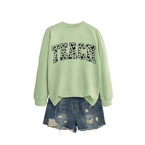 Damen Baumwolle Sweatshirt Teach Buchstabe Herz Druck Rundhalsausschnitt Langarm Casual Pullover