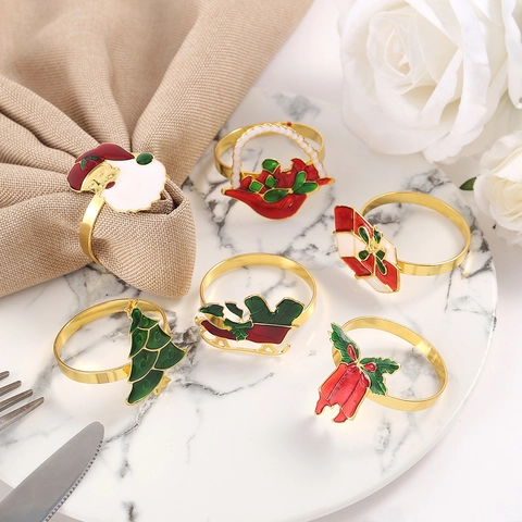 Christmas Napkin Rings Zinc Alloy Gold Enamel Santa Claus Christmas Tree Sleigh Gift Bell Napkin Buckle For Holiday Party Table Decoration
