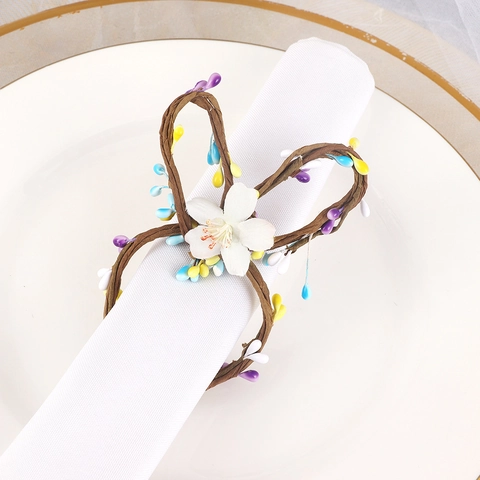 Rabbit Ears Napkin Rings Hand Woven Paper Rope With Fabric Flower Colorful Berries Easter Party Table Decoration