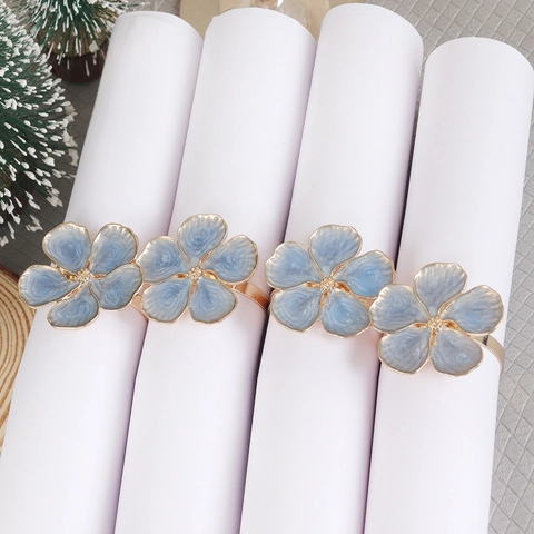 Rond De Serviette Vintage Fleur À Cinq Pétales Émail Bleu Alliage De Zinc Métal Doré Pour Décoration Table Mariage Hôtel