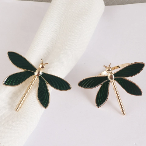 Dragonfly Napkin Rings Zinc Alloy Enamel Insect Shape Table Decoration Gold Green For Wedding Dinner Party Elegant