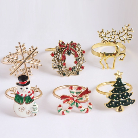 Christmas Napkin Rings Zinc Alloy Enamel Rhinestone Xmas Tree Snowman Reindeer Snowflake Holiday Table Decor