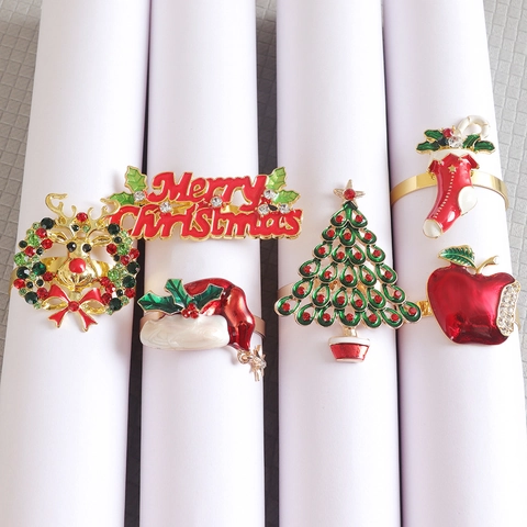 Christmas Napkin Rings Zinc Alloy Enamel Rhinestone Xmas Tree Snowman Reindeer Snowflake Holiday Table Decor