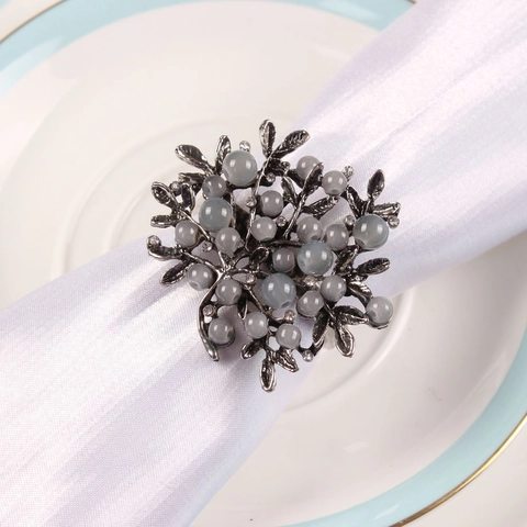 Vintage Branch Napkin Rings Zinc Alloy Metal Cat Eye Beads Retro Silver Napkin Buckle For Wedding Hotel Table Decor