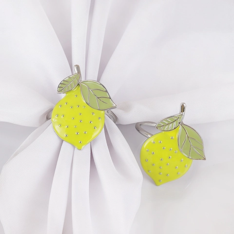 Luxury Alloy Lemon Fruit Napkin Rings Enamel Green Leaf Silver Metal Napkin Buckle For Wedding Banquet Table Decoration