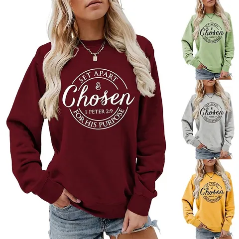 Women Casual Round Neck Long Sleeve Sweatshirt Loose Cotton Blend Pullover With Chosen 1 Peter 2:9 Scripture Print Top
