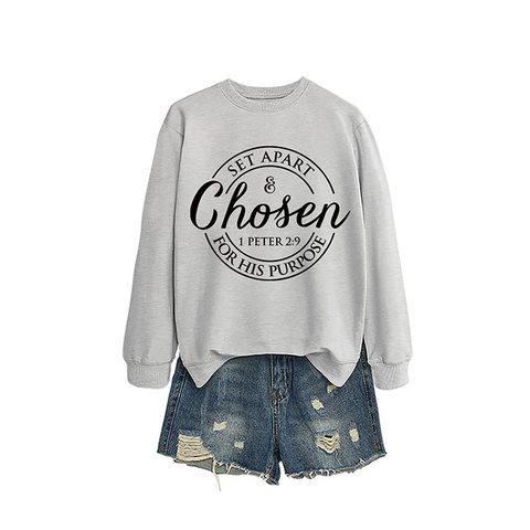 Women Casual Round Neck Long Sleeve Sweatshirt Loose Cotton Blend Pullover With Chosen 1 Peter 2:9 Scripture Print Top