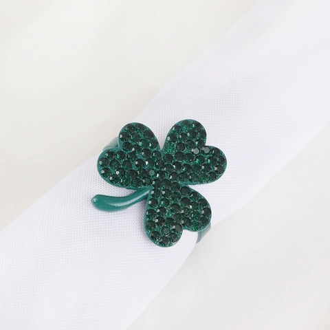 St Patricks Day Green Shamrock Napkin Rings Zinc Alloy Rhinestone Clover Napkin Buckle For Hotel Dinner Party Table Decoration