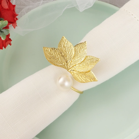 Golden Leaf Napkin Ring Zinc Alloy With White Artificial Pearl For Table Setting Elegant Western Style Napkin Buckle