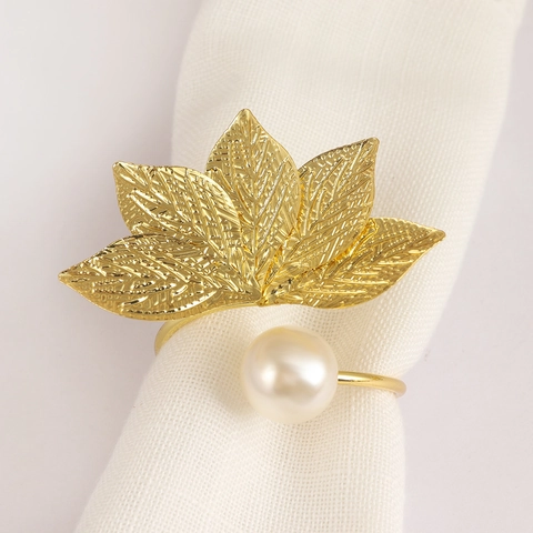 Golden Leaf Napkin Ring Zinc Alloy With White Artificial Pearl For Table Setting Elegant Western Style Napkin Buckle
