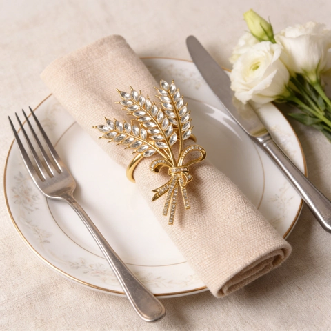 Elegant Wheat Stalk Napkin Ring With Rhinestone Bowknot Zinc Alloy Crystal Napkin Holder For Wedding Banquet Table Decoration