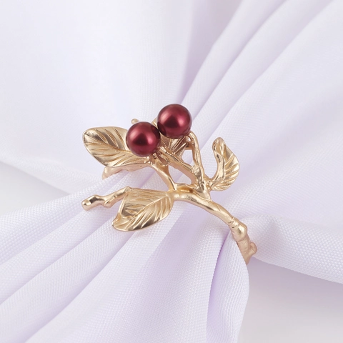 Christmas Gold Branch Red Berry Napkin Rings Electroplated Alloy Leaf Napkin Holder For Wedding Banquet Hotel Table Decorations