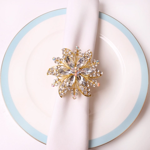 Luxurious Crystal Rhinestone Flower Napkin Rings Gold Zinc Alloy Floral Table Decor For Wedding Banquet Party Dining Accessories