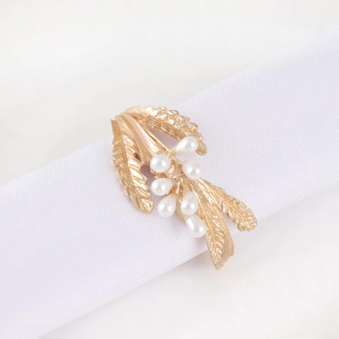 Elegant Wheat Ear Napkin Rings With Faux Artificial Pearl Gold Zinc Alloy Metal Leaf Buckle For Wedding Banquet Table Decoration