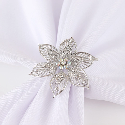 Ronds De Serviette Fleur Creuse Alliage De Zinc Argenté Strass Irisés Étincelants Pour Décoration De Table Banquet De Mariage