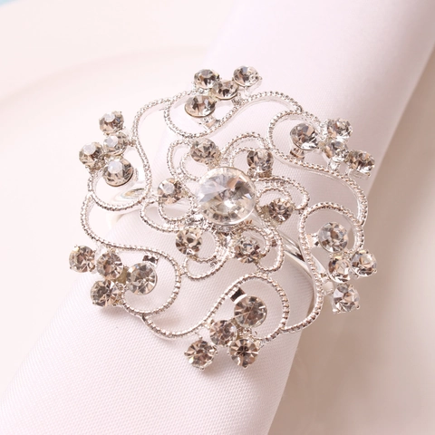 Hollow Flower Napkin Rings Silver Zinc Alloy Rhinestone Napkin Holders For Wedding Banquet Hotel Dining Table Decor