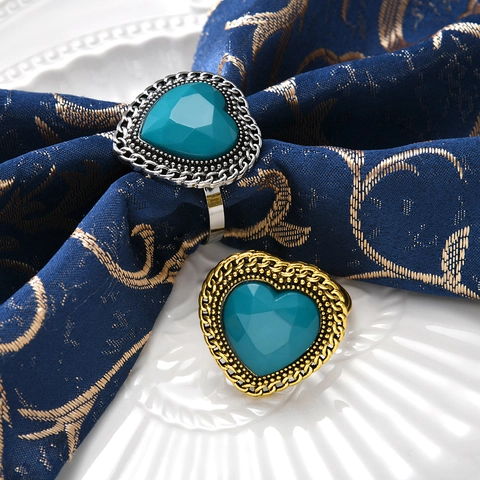 Vintage Heart Napkin Rings With Turquoise Blue Green Stone Zinc Alloy Metal Napkin Buckle For Valentine's Day Wedding Banquet Table Decoration