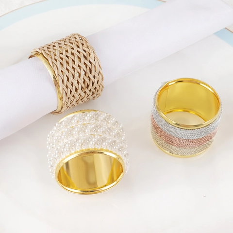 Napkin Rings Elegant Faux Artificial Pearl Rhinestone Woven Texture Zinc Alloy For Wedding Banquet Dining Table Decoration