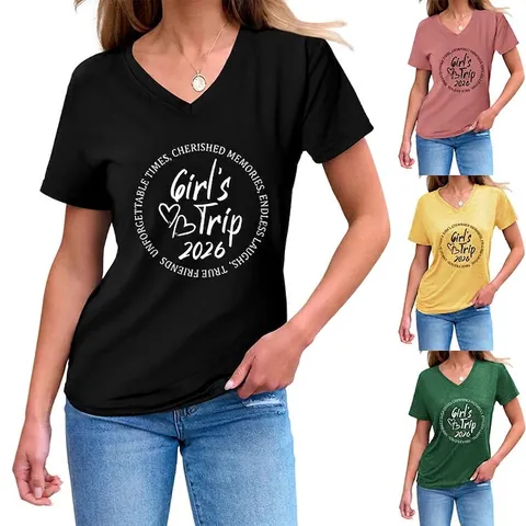 T-Shirt Scollo A V Da Donna Girls Trip 2026 Top Grafico Casual A Maniche Corte In Misto Cotone Con Orlo Annodato Laterale