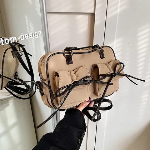 Borsa A Spalla In Pelle PU Smerigliata Borsa A Mano Boston Rétro Con Fiocco Doppie Tasche Grande Capacità Per Donna