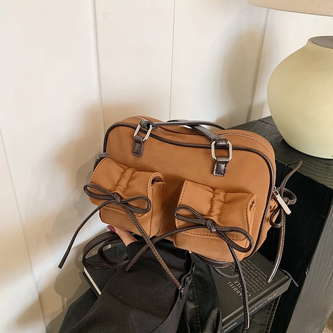 Borsa A Spalla In Pelle PU Smerigliata Borsa A Mano Boston Rétro Con Fiocco Doppie Tasche Grande Capacità Per Donna