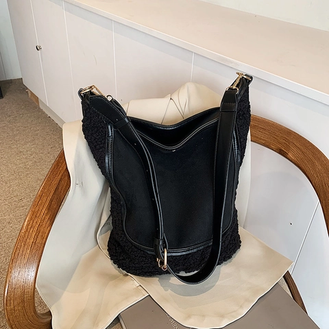 Borsa A Spalla Donna Patchwork Lana Di Agnello Scamosciata Colore Contrasto Hobo Secchiello Retro Moda Inverno