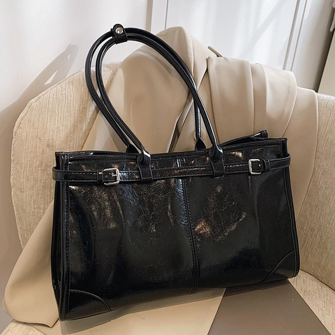 Vintage Glossy PU Leather Shoulder Bag For Women Large Capacity Tote Handbag With Decorative Buckle Strap Minimalist Underarm Bag