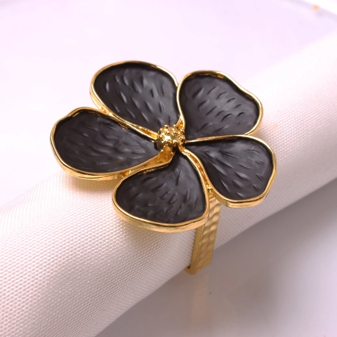 Servilletero Creativo de Aleación de Zinc con Forma de Flor Esmalte de Cinco Pétalos Bañado en Oro para Boda Banquete Hotel Mesa