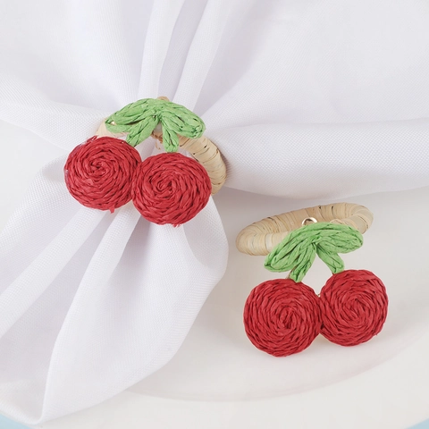Handmade Raffia Woven Cherry Napkin Rings Creative Red Fruit Table Decor For Hotel Party Dining Room Wedding Decoration