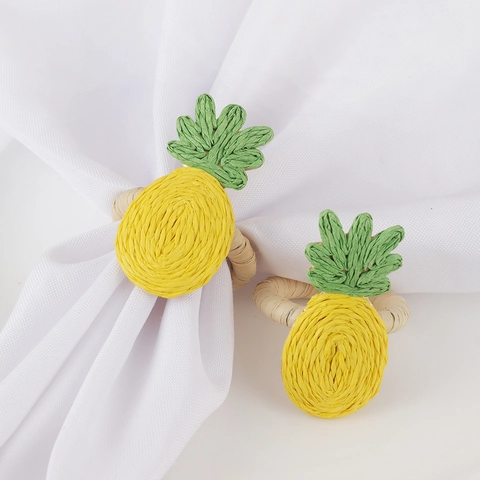 Rond de Serviette Ananas en Raphia Tissé à la Main Bohème Support de Serviette de Fruits Tropicaux pour Décoration de Table Hôtel Banquet