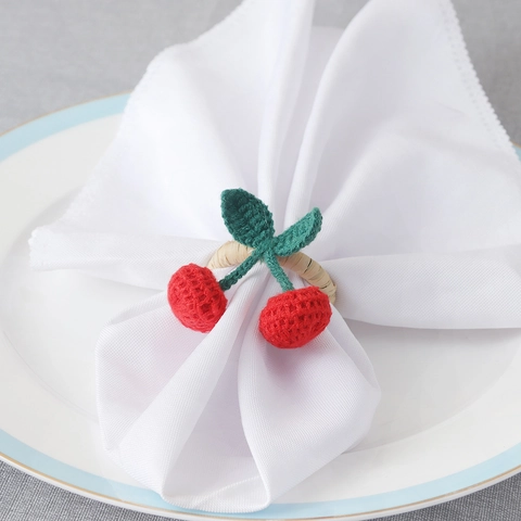 Servilleteros de Cereza de Ganchillo Hechos a Mano Diseño de Fruta Roja Rústica Con Base de Paja Tejida para Boda Banquete Mesa