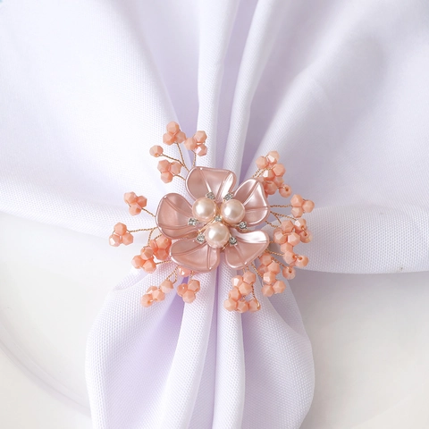 Handgefertigter Rosa Blumen Serviettenring Mit Strass Perlen Gold Kupferdraht Floral Serviettenhalter Für Hochzeit Bankett Tischdeko