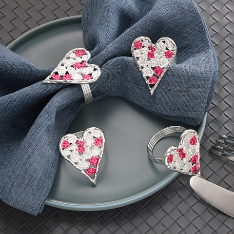 Luxury Heart Napkin Ring Zinc Alloy Electroplated Silver Pink White Hammered Style For Valentine Wedding Banquet Table Decor