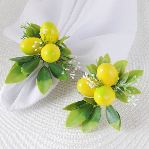 Summer Lemon Napkin Rings Artificial Fruit Green Leaves Woven Rope Napkin Buckle For Dining Table Decor Wedding Party