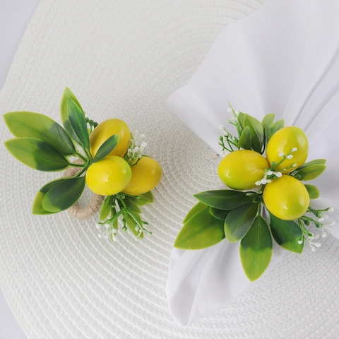 Summer Lemon Napkin Rings Artificial Fruit Green Leaves Woven Rope Napkin Buckle For Dining Table Decor Wedding Party