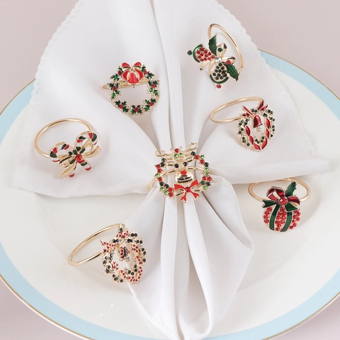 Christmas Napkin Rings Gold Alloy Rhinestone Enamel Reindeer Wreath Bell Set For Festive Holiday Dinner Table Decoration
