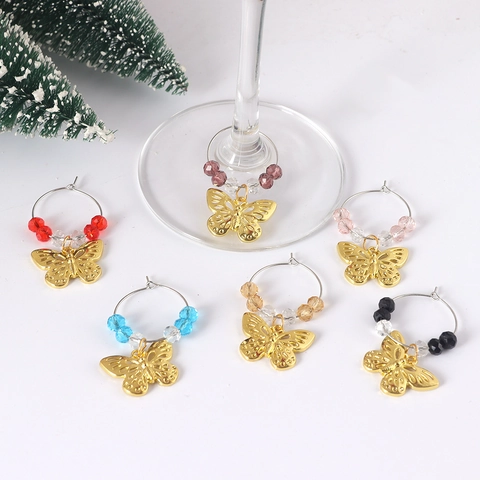 Vlinder Wijnglas Markeringen Legering Identificatiehangers Met Kleurrijke Kristallen Kralen Voor Feest Kerstmis