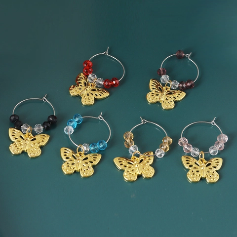 Vlinder Wijnglas Markeringen Legering Identificatiehangers Met Kleurrijke Kristallen Kralen Voor Feest Kerstmis