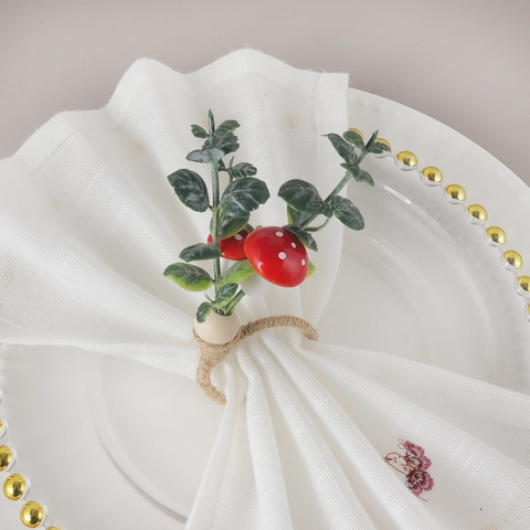 Napkin Rings Mushroom Artificial Green Leaves Handmade Hemp Rope Braided Wood Bead Rustic Forest Style Table Decor