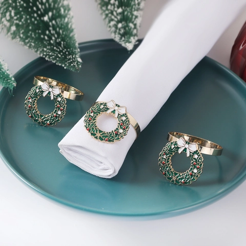 Christmas Napkin Rings Zinc Alloy Enamel Wreath Christmas Tree Bow Design For Holiday Table Decor Party