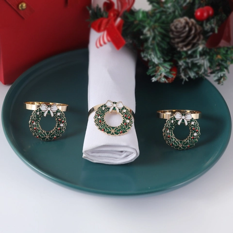 Christmas Napkin Rings Zinc Alloy Enamel Wreath Christmas Tree Bow Design For Holiday Table Decor Party